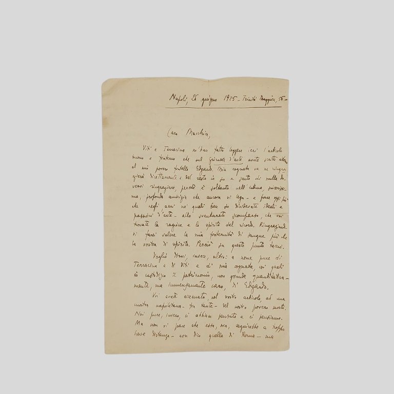 Lettera autografa firmata indirizzata al giornalista Achille Macchia. Datata ‘Napoli … | Immagine Gallery 1