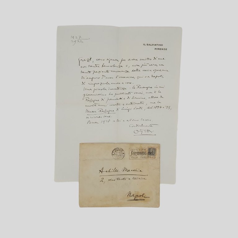 Lettera autografa firmata. Indirizzata al giornalista napoletano Achille Macchia.