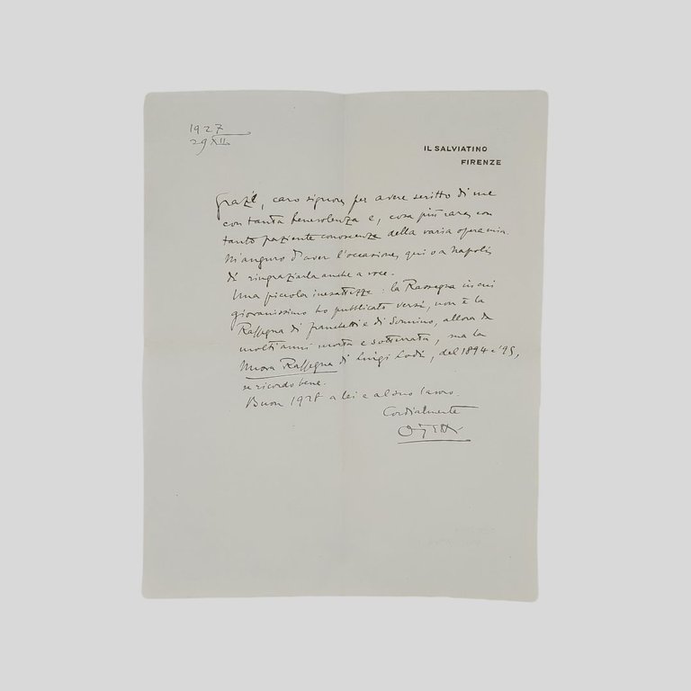 Lettera autografa firmata. Indirizzata al giornalista napoletano Achille Macchia. | Immagine Gallery 1