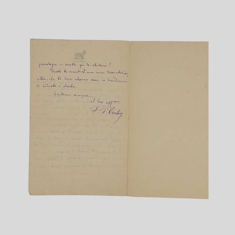 Lettera autografa firmata inviata a destinatario sconosciuto [prof. Giuseppe Castelli?]