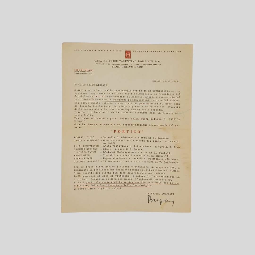 Lettera dattiloscritta con firma autografa, indirizzata a “Egregio amico libraio” …