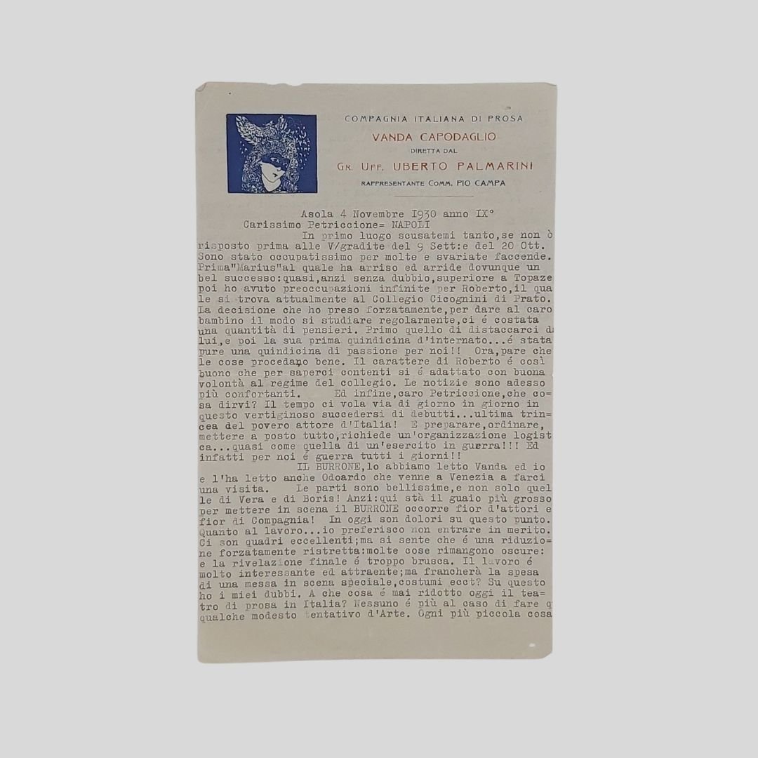 Lettera dattiloscritta con firma autografa indirizzata al critico teatrale napoletano …