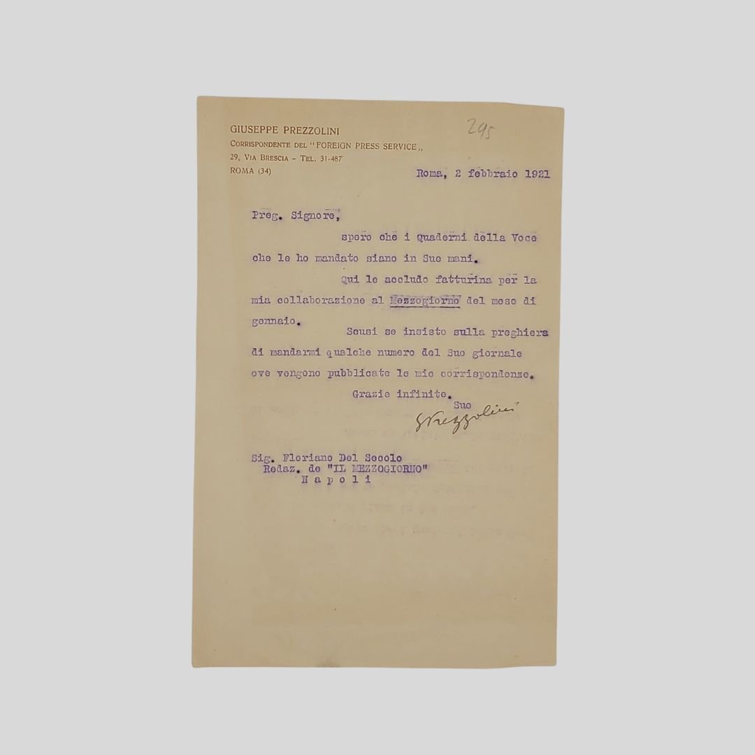 Lettera dattiloscritta con firma autografa. Indirizzata al giornalista Floriano Del …