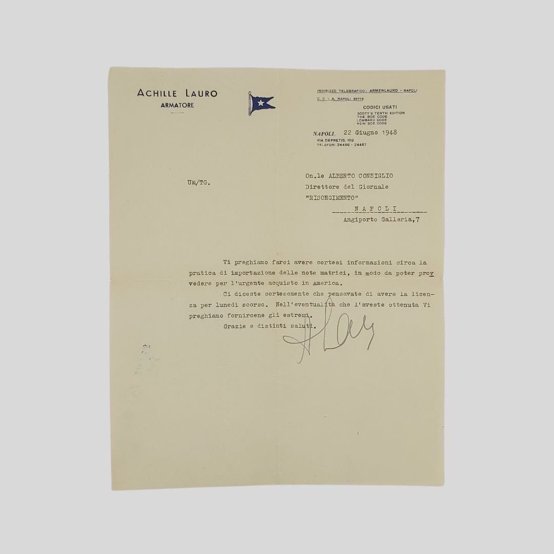 Lettera dattiloscritta con firma autografa indirizzata all’ On.le Alberto Consiglio, …