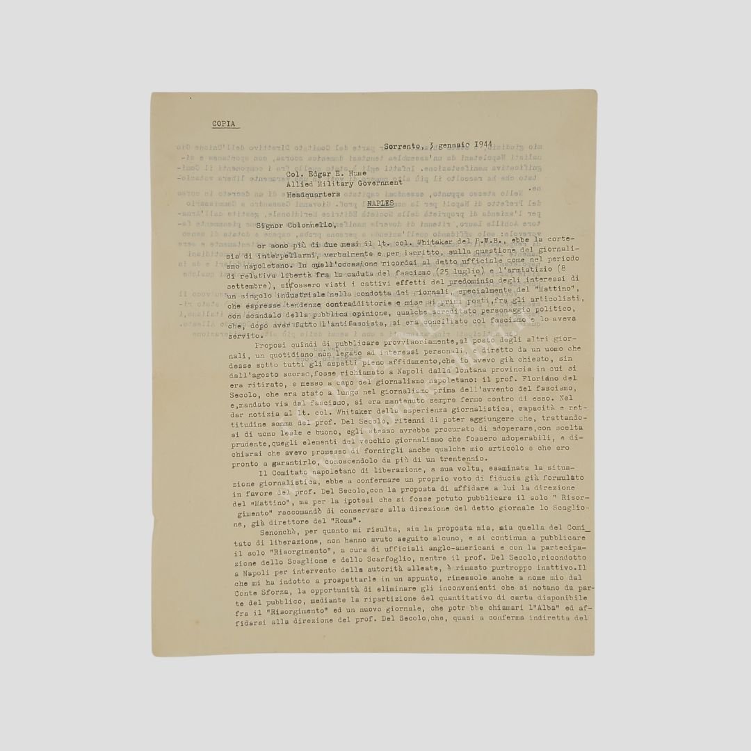 Lettera dattiloscritta non firmata. Indirizzata al Col. Edgar Erskine Hume …