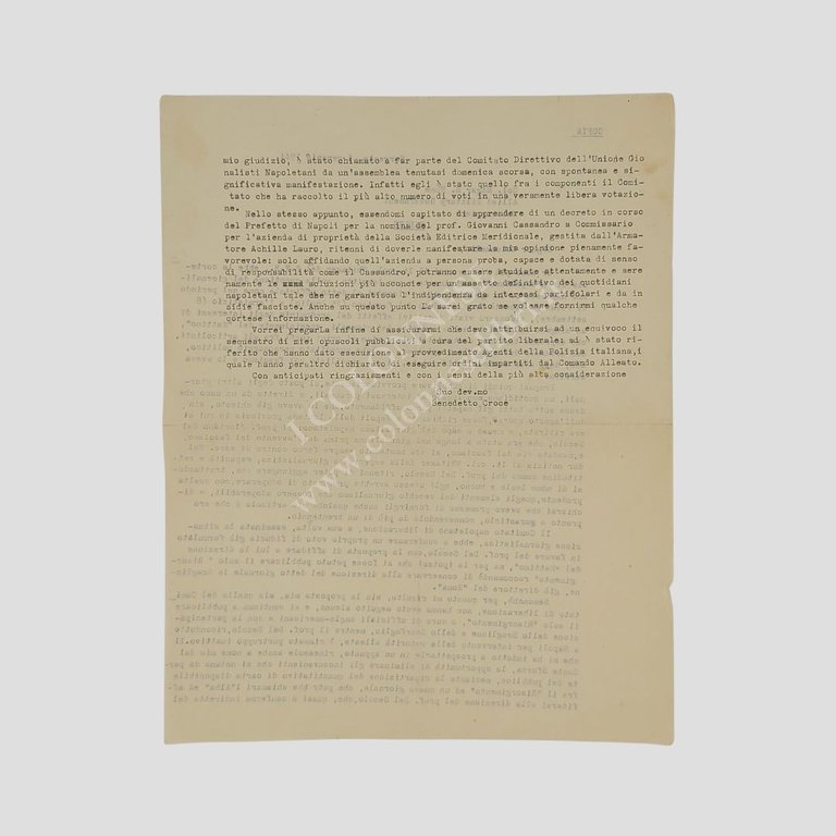 Lettera dattiloscritta non firmata. Indirizzata al Col. Edgar Erskine Hume …
