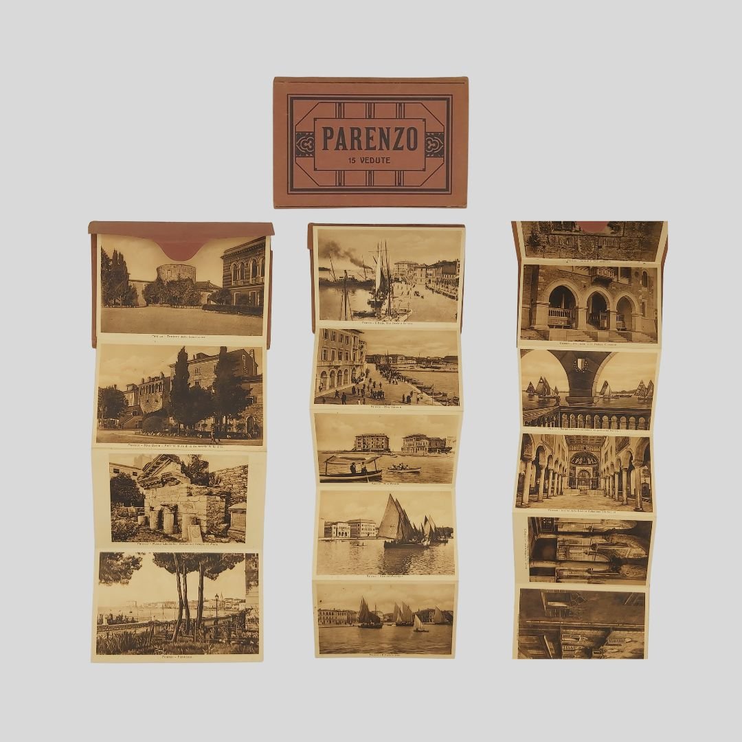 Parenzo. Libretto a fisarmonica (leporello) entro astuccio editoriale, contenente 15 …