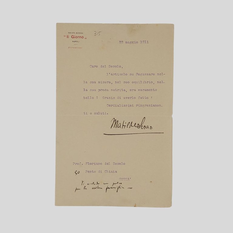 Tre lettere dattiloscritte tutte con firma autografa, indirizzate al giornalista …