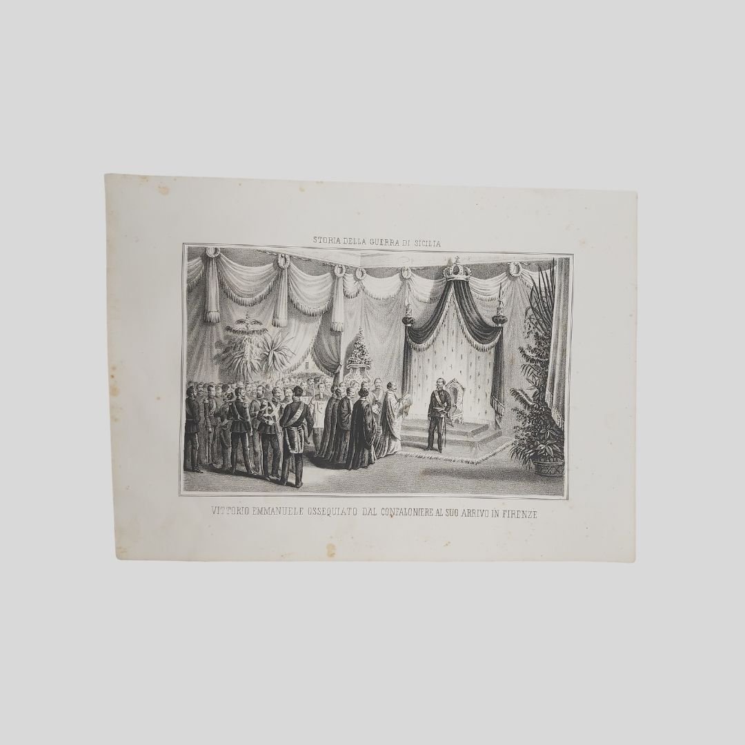 Vittorio Emanuele II, ossequiato dal confaloniere al suo arrivo a …