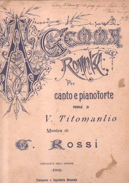 A GEMMA. Romanza per Canto e Pianoforte. Parole di V.Titomanlio. …