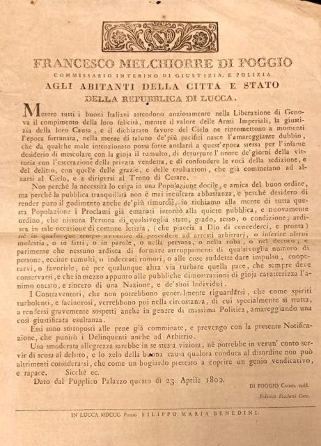 AGLI ABITANTI DELLA CITTA' E STATO DELLA REPUBBLICA DI LUCCA. …