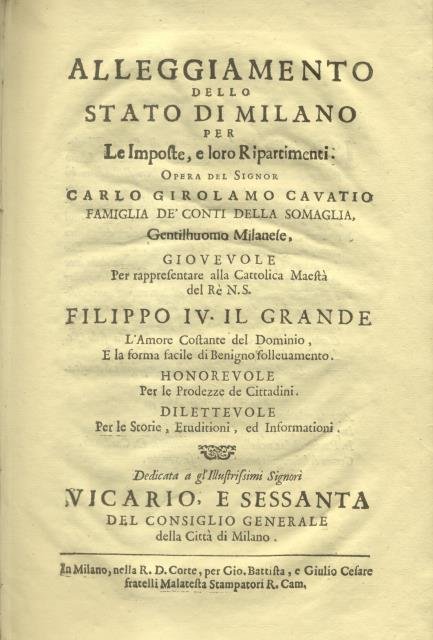 ALLEGGIAMENTO DELLO STATO DI MILANO PER LE IMPOSTE, E LORO …