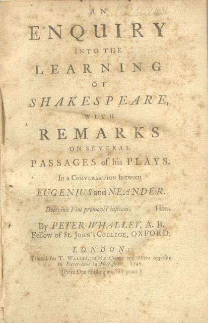 AN INQUIRY INTO THE LEARNING OF SHAKESPEARE. With Remarks on …