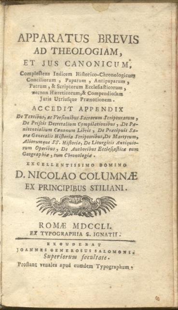 APPARATUS BREVIS AD THEOLOGIAM ET JUS CANONICUM. Complectens Indicem historico …