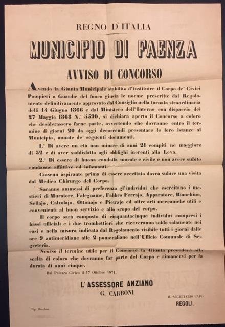 AVVISO DI CONCORSO PER ISTITUZIONE DEL CORPO DE' CIVICI POMPIERI …