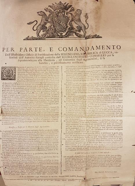 Bando ufficiale dell'Offizio di Fortificazione della Serenissima Repubblica di Lucca.