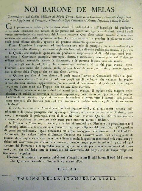 Bando ufficiale promulgato da Torino il 15 marzo 1800 dal …