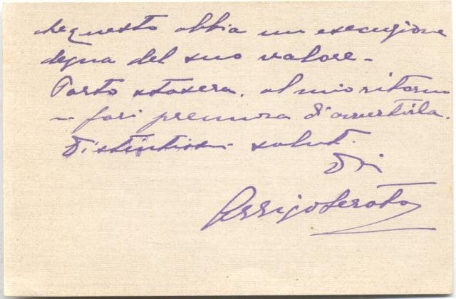 Biglietto autografo firmato del violoncellista Arrigo Serato.