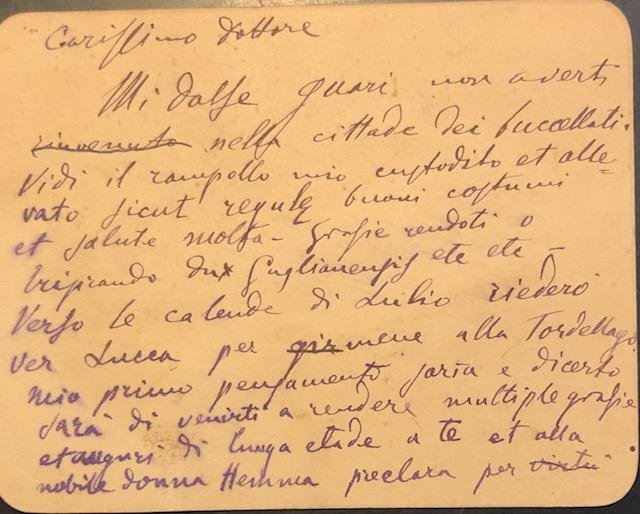 Biglietto autografo manoscritto contenente un divertente messaggio, parzialmente in latino …