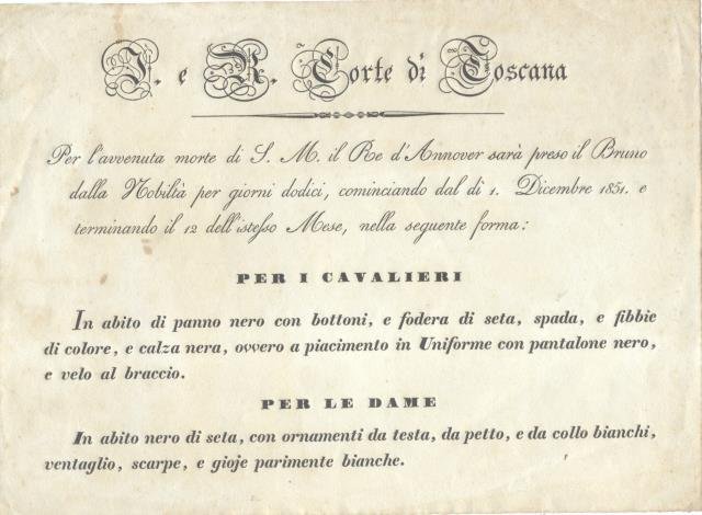 Biglietto originale contenente le indicazione per il lutto della Nobiltà …