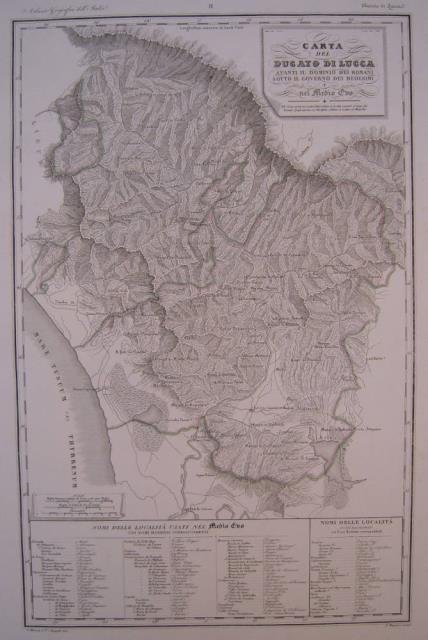 CARTA DEL DUCATO DI LUCCA AVANTI IL DOMINIO DEI ROMANI, SOTTO IL GOVERNO DEI MEDESIMI E NEL MEDIO EVO. Incisione originale su rame di G.Maina e V.Stanghi tratta da "Atlante Geografico degli Stati Italiani, delineata sopra le migliori e più moderne mappe per servire di corredo alla Corografia Fisica Storica e Statistica dell'Italia" di Attilio Zuccagni Orlandini.