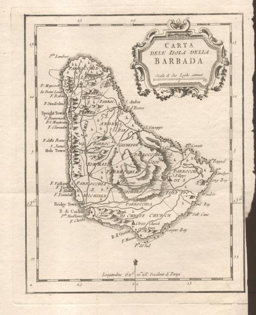 CARTA DELL'ISOLA DI BARBADA. Incisione originale.