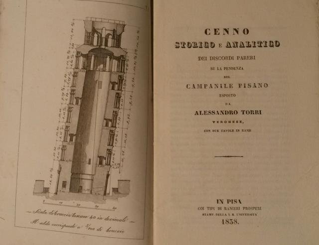 CENNO STORICO E ANALITICO DEI DISCORDI PARERI SU LA PENDENZA DEL CAMPANILE PISANO. Esposto da Alessandro Torri veronese, con due tavole in rame.