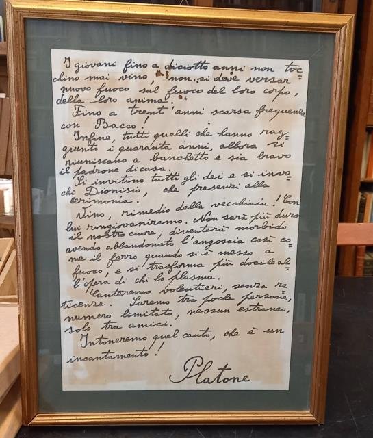 Citazione da Platone manoscritta a pennarello di mano di Mario Tobino. 1980 circa.