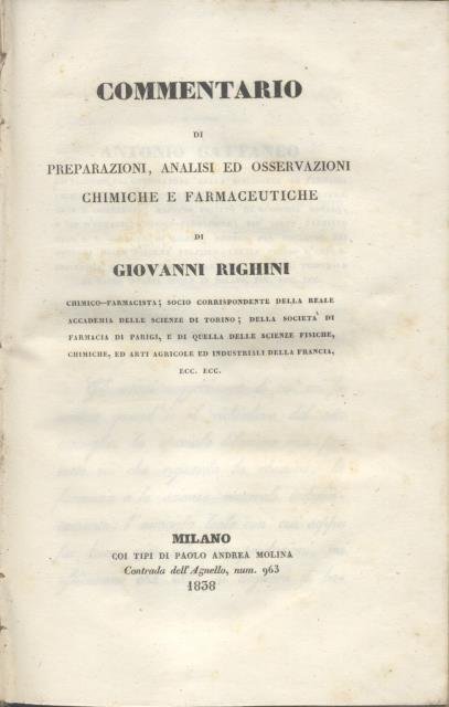 COMMENTARIO DI PREPARAZIONI, ANALISI ED OSSERVAZIONI CHIMICHE E FARMACEUTICHE. | Immagine principale