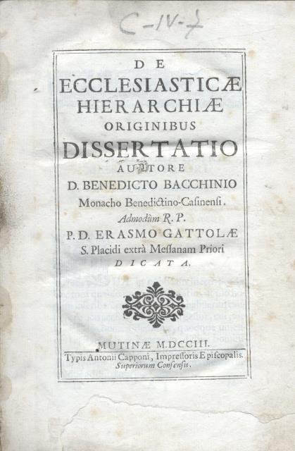 DE ECCLESIASTICAE HIERARCHIAE ORIGINIBUS DISSERTATIO.
