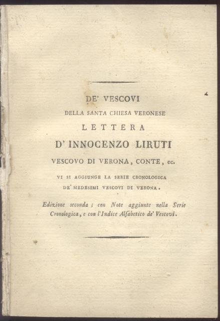 DE' VESCOVI DELLA SANTA CHIESA VERONESE. LETTERA. Vi si aggiunge … | Immagine principale
