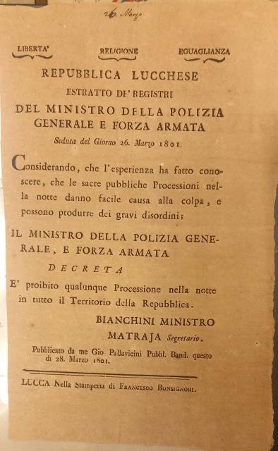 Decreto di proibizione di sacre pubbliche processioni. A dì 26 …