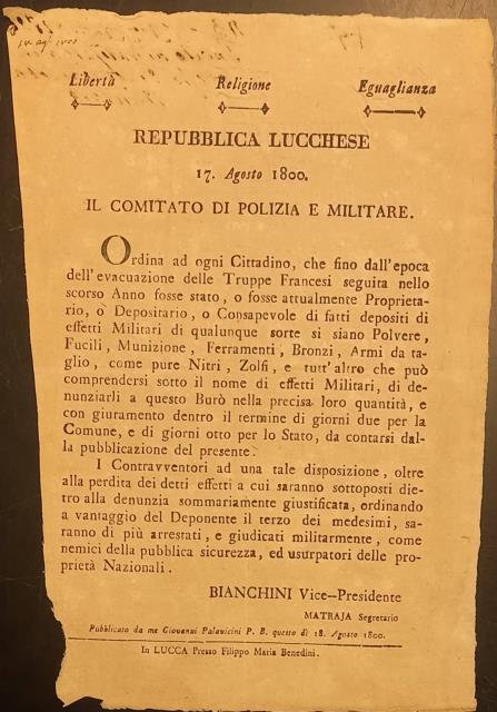 Decreto per la consegna di polvere da sparo, fucili, munizioni, armi. 17 agosto 1800.