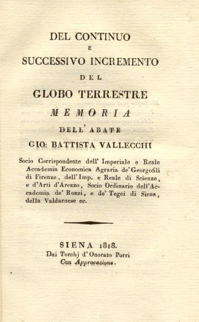 DEL CONTINUO E SUCCESSIVO INCREMENTO DEL GLOBO TERRESTRE. Memoria.
