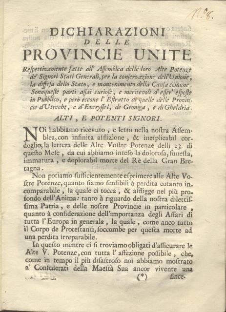 Dichiarazioni delle Provincie Unite respettivamente fatte all'Assemblea delle loro Alte …