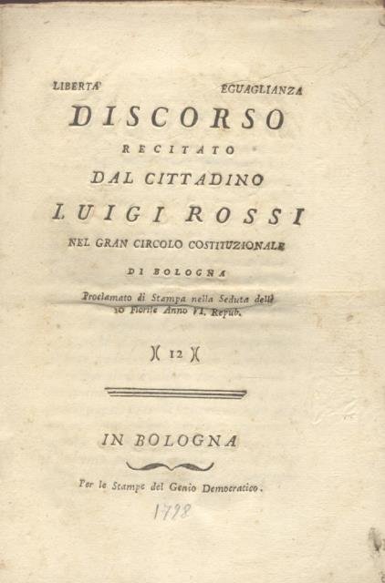 Discorso recitato dal cittadino Luigi Rossi nel Gran Circolo Costituzionale … | Immagine principale