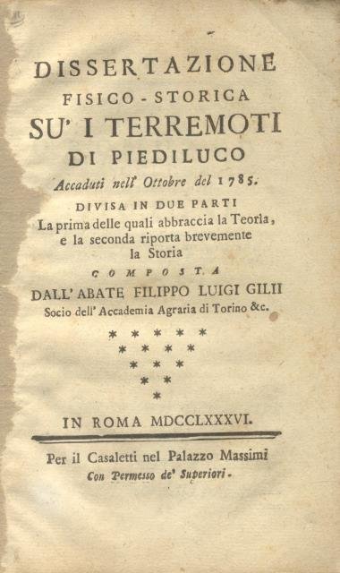 DISSERTAZIONE FISICO - STORICA SU' I TERREMOTI DI PIEDILUCO. Accaduti …