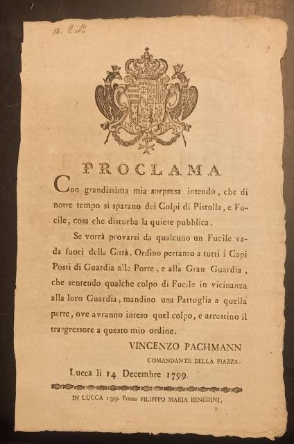 Divieto dell'uso di pistole e fucili. Bando originale.