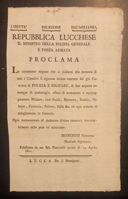 Divieto di acquisto di fucili, baionette, sciabole, cartucce. Bando originale.