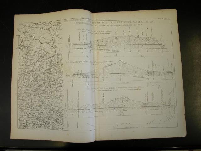 DUE TAVOLE PER LE LINEE FERROVIARIE ATTRAVERSO LE ALPI ELVETICHE. Due tavole tecniche, incise, tratte da "Giornale del Genio Civile", Parte non ufficiale, Serie B, Tavole n°17-18, anno 1865.