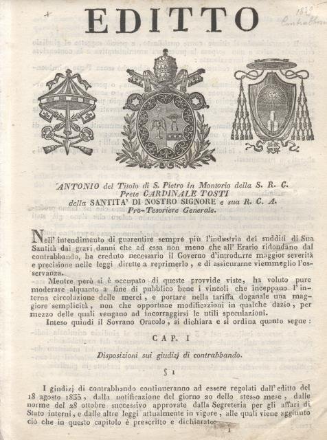 Editto pontificio originale in tema di lotta al contrabbando.