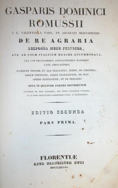 GASPARIS DOMINICI ROMUSSI DE RE AGRARIA. Responsa mere juridica, atque … | Immagine principale