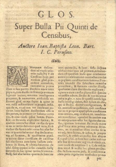 GLOS. SUPER BULLA PII QUINTI DE CENSIBUS. Auctore Ioan. Bapt. … | Immagine principale