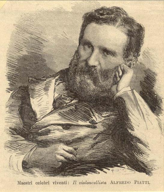 Incisione originale raffigurante il violoncellista Alfredo Piatti (Bergamo, 1822-1901). 1880 circa.