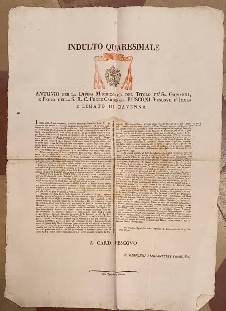 INDULTO QUARESIMALE. Notificazione del Vescovo di Imola Antonio Paolo Rusconi. …
