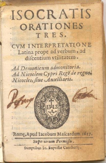 ISOCRATIS ORATIONES TRES. Cum interpretatione latina prope ad verbum, ad …