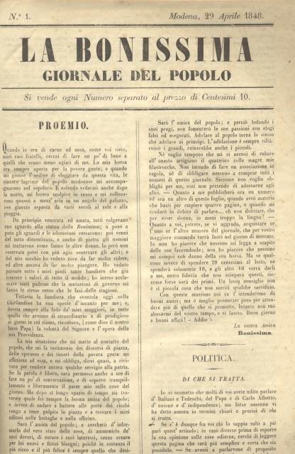 LA BONISSIMA. Giornale del popolo diretto da Antonio Cappelli. Pubblicazione …
