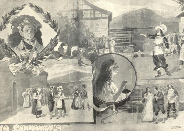 LA SONNAMBULA. Opera di Vincenzo Bellini. Composizione di R.Salvadori in fotoincisione fuori testo tratta da "Il Secolo XIX". 1895 circa.