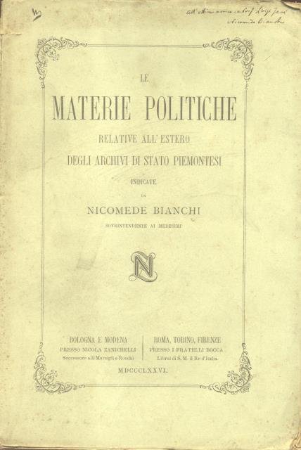 LE MATERIE POLITICHE RELATIVE ALL'ESTERO DEGLI ARCHIVI DI STATO PIEMONTESI.