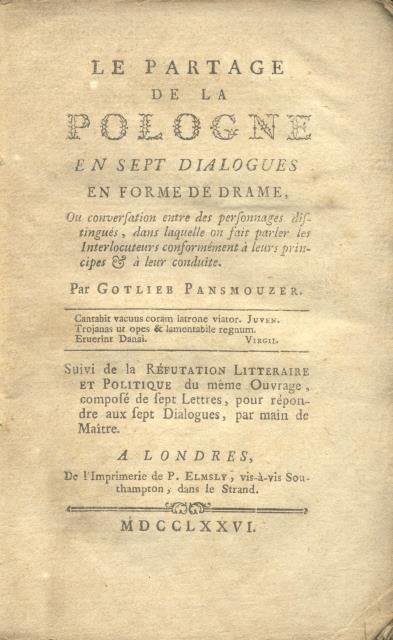 LE PARTAGE DE LA POLOGNE. En sept Dialogues en forme …